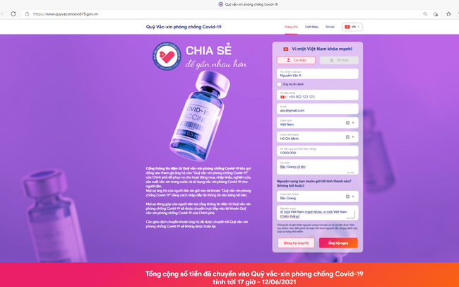 Website Quỹ vaccine phòng Covid-19, kênh tương tác trực tuyến cho các nhà tài trợ